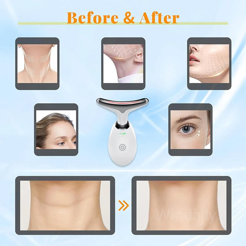 Woman using LumaLift LED beauty device on neck